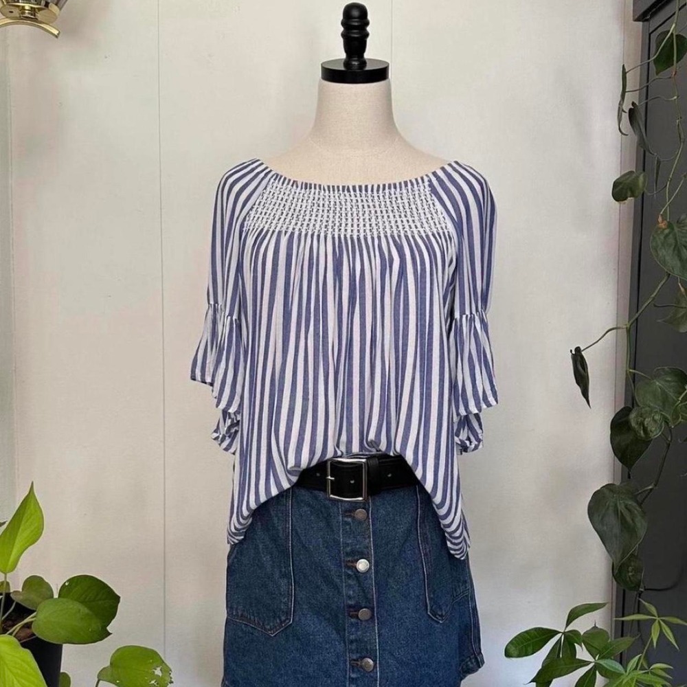 ANA Petite Medium Blue White Striped Smocked Ruffle 3/4 Sleeve Blouse Top